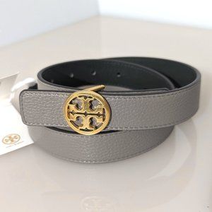 Tory Burch Reversible 1" Logo Buckle Belt Gray Heron Poblano Gold Green